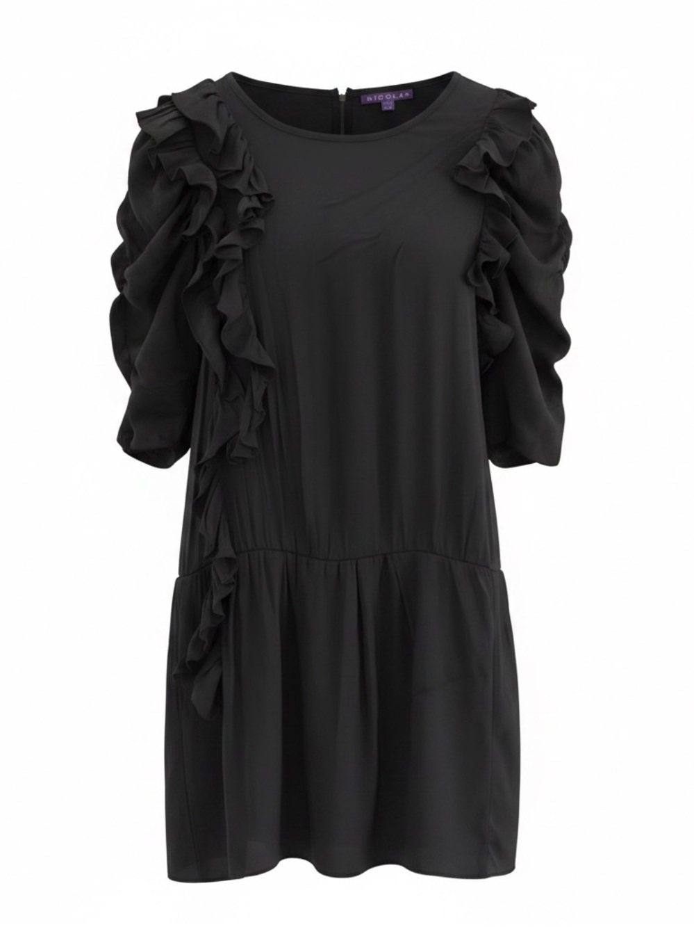 Nicola Black Ruffle Detail Short Sleeve Dress With Back Zipper Closure Size S